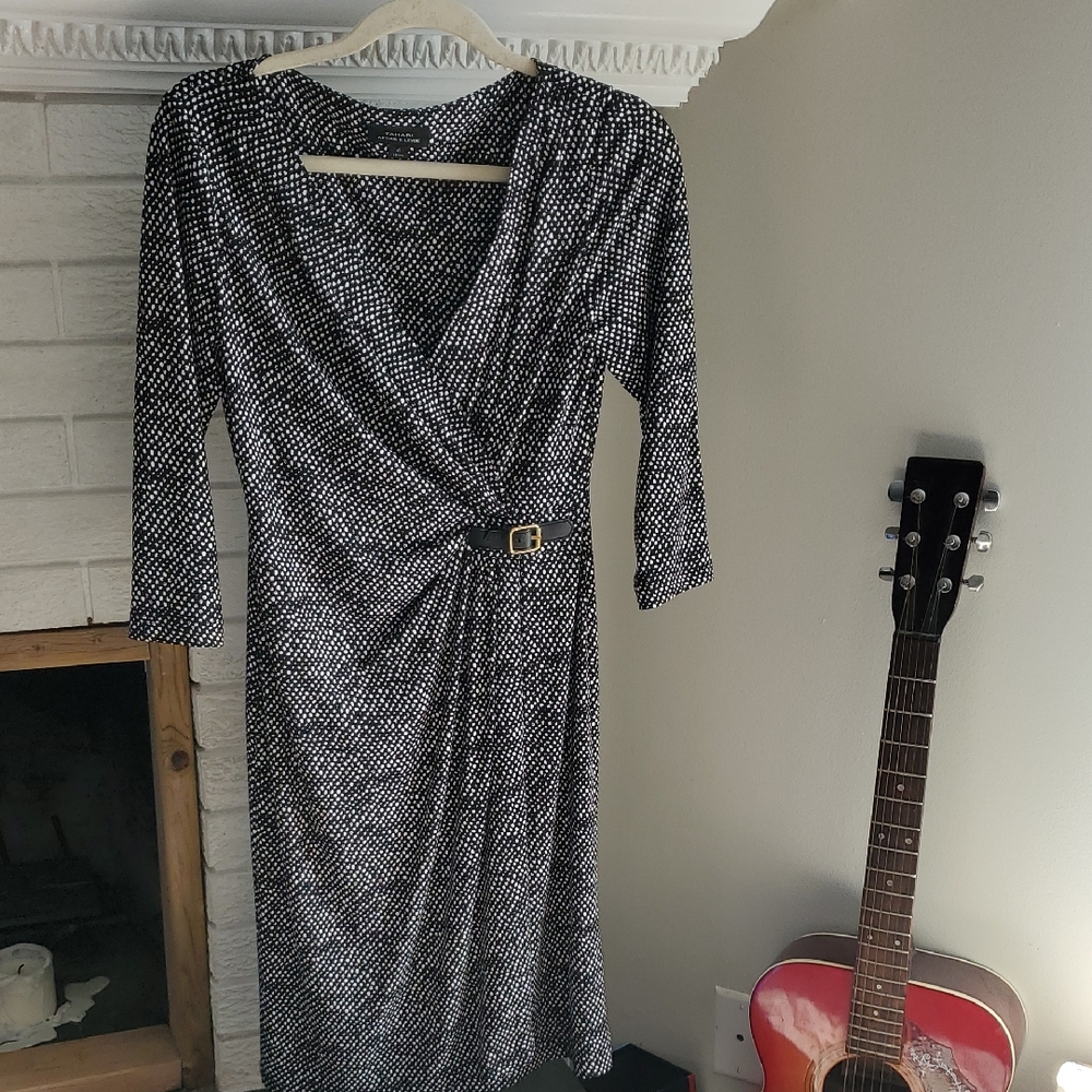 Tahari ASL Women's Black and White Faux Wrap Polka Dot 3/4 Sleeve Dress Career 4